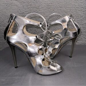 Jimmy Choo Shoes Womens 10 Silver Diffuse Mirror Leather Strappy Lace Up